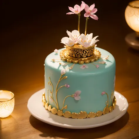 Birthday cake filled with gems,anatomy correct，Delicate pattern，ancient china art style，Oriental elements，Clean colors,simplebackground, Soft lighting, ( Bokeh)，Masterpiece, Super detailed, Epic composition, Highest quality, 4K，