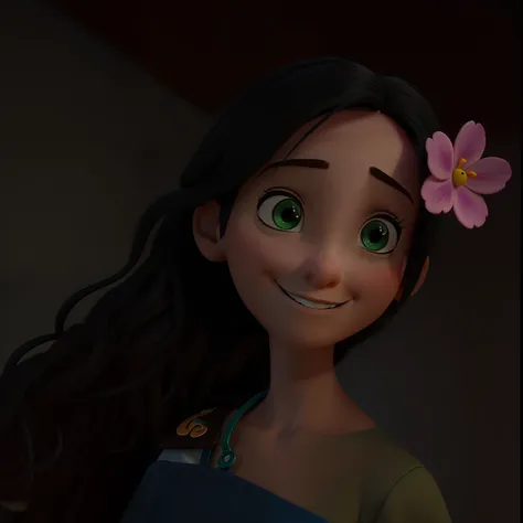 crie um personagem da disney pixar menina branca com cabelo cacheado castanho claro e olhos verdes com cropped vermelho, contra pano de fundo um quarto, Vivian title