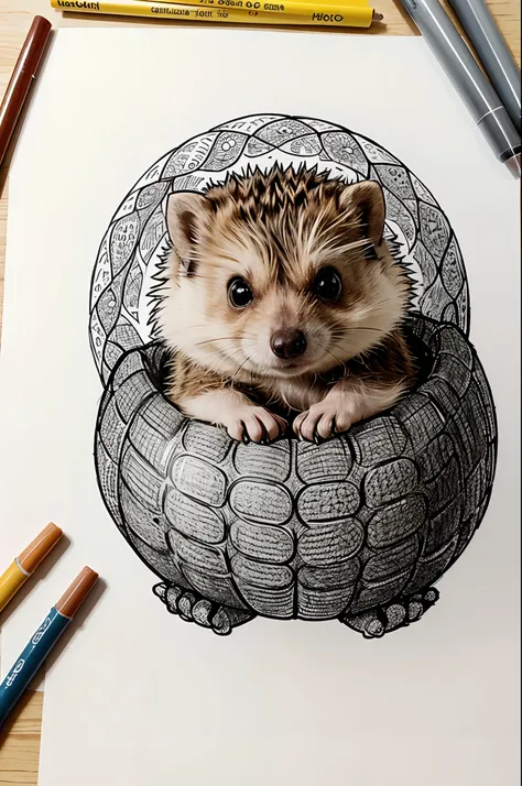 Generate colouring pages of a hedgehog curled up in a ball, cute cartoon-style animals with low detail, no shading, no shadows, no background, and no borders.