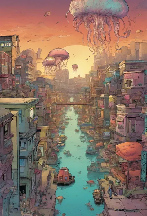 Comics, Estilo Skottie young, apocalyptic scenery, Cities destroyed, Giant jellyfish with tentacles, In the background, man on top of a sign on top of a building 4K resolution