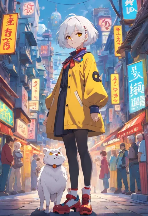 1girl, (masterpiece), white hair, short hair, yellow eyes, Clown outfit, Clown, cyberpunk city, Full body