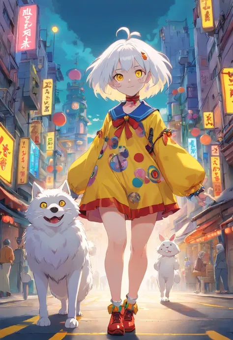 1girl, (masterpiece), white hair, short hair, yellow eyes, Clown outfit, Clown, cyberpunk city, Full body