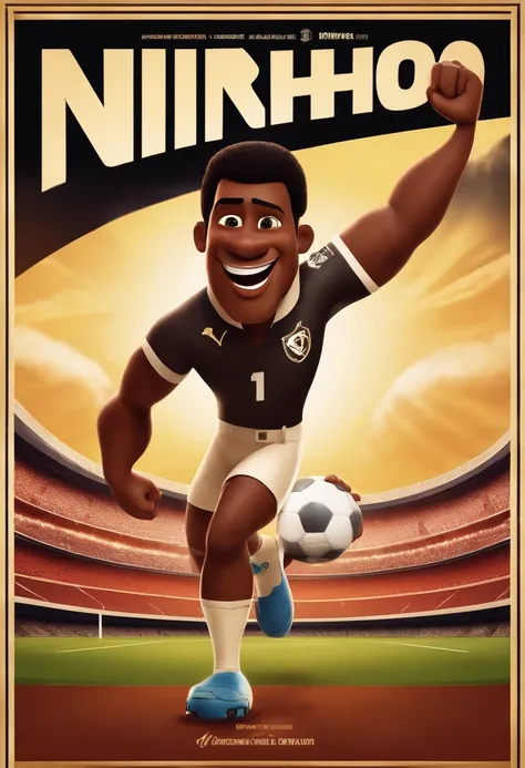 a 3d pixar disney style movie poster with the text "NINHO O ET DE VARGINHA" WITH A FOOTBALL PITCH IN THE BACKGROUND WITH A TALL, STRONG LIGHT BLACK MAN, WITH STRONG CALVES, NO BEARD, SHORT BLACK HAIR SMILING AND CELEBRATING A GOAL