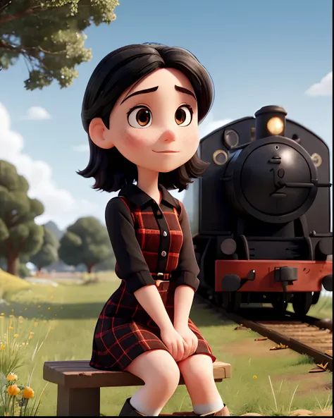 white woman, 30 years old, medium black hair, thin face with a little freckles, wearing a short red and black checkered dress, wearing tights, black boots, sitting on the lawn with trees, next to the train track in the weather a little cloudy.