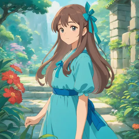 a girl wearing pretty dress, long hair in with one ribbon as accessories, in the style of tranquil gardenscapes, colorful animation stills, masami teraoka, aquamarine, paul gauguin, Embry style, honest portrayal, thomas kinkade