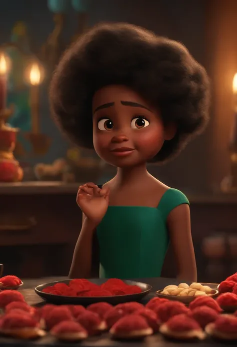 Um filme inspirado na Disney Pixar (MENINA NEGRA JOVEM COM CABELO LONGO ANDULADO PRETO COM VESTIDO VERMELHO) dentro A cena estar na arte distinta do estilo PIXAR, descolada e estilosa