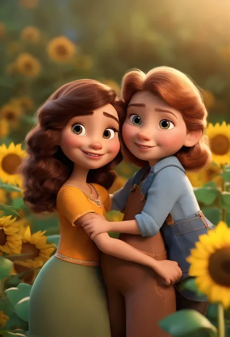 Create a Disney PIXAR-style 3D poster. ((centro da imagem, Duas Meninas)), ((2 children)) (( 2 meninas ao lado, Theyre hugging each other,  1 menina tem pele Morena , olhos e cabelos escuros e cacheados, e a outra menina tem pele Clara, olhos castanhos e c...