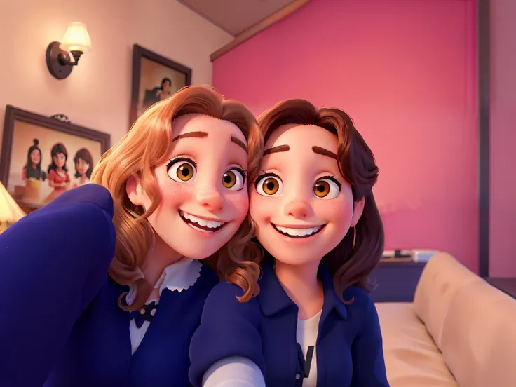 there are two women that are smiling for the camera, brown eyes, both laughing, both smiling for the camera, profile image, portrait!!!!, portrait!!! Pixar style ouput. big smile. one in black other in white