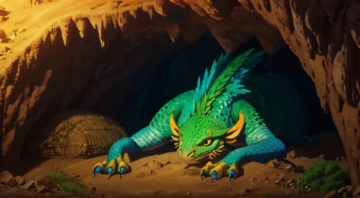 Zazu in his cave: Introduce Zazu, the green dragon, in his cozy cave, curled up on a pile of straw. 8k, realstic, colorful, vibrant