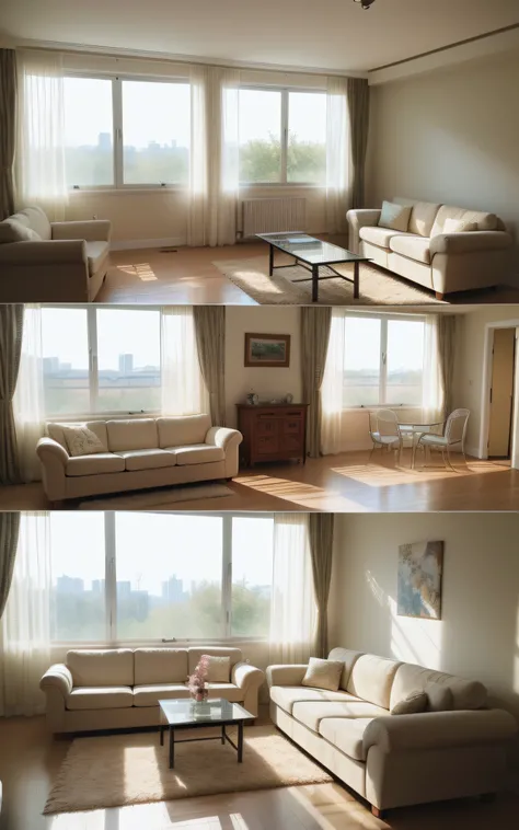 ((top-quality、​masterpiece、photographrealistic:1.4、in 8K))、modern style living room,  unified in white, morning light shines through the window with swinging lace curtains. no people, sofa, furniture, bright sunshine,