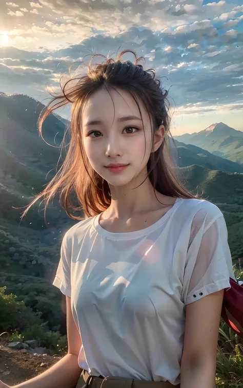 (Best Quality, hyper realistic photography), Magnificent mountain, sea of clouds, Woman watching sunset, selfee, ((Upper body)), white t-shirts, Trekking Shorts, trekking boots, rucksack,  (ultra-delicate face, Super Beautiful Maid, Super delicate eyes, Ul...