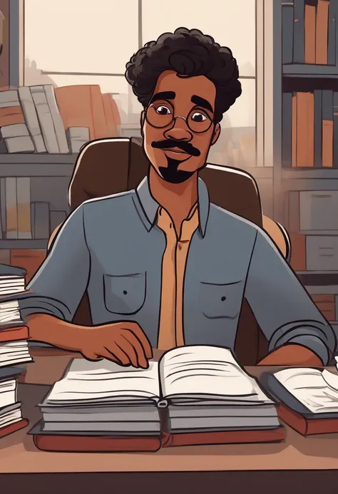 um homem jovem moreno de cabelo curto preto e bigode fino, vestindo uma blusa cinza, sitting in an office chair, with a desk in the back with books and work objects, estilo disney pixar, alta qualidade