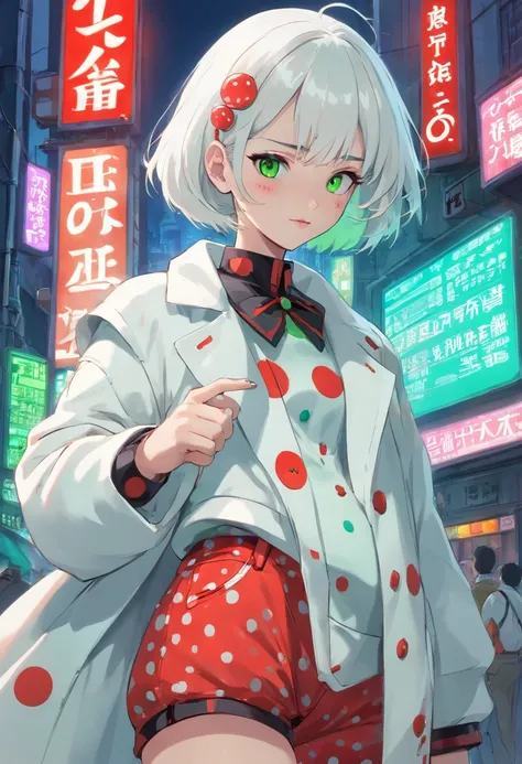 1girl, (masterpiece), white hair, short hair, green eyes, white coat with red polka dots, white and Red pants, cyberpunk city, Clown