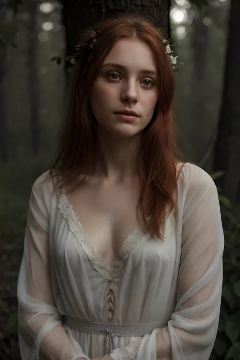 Full portrait, Realistic, Photorealistic, RAW photo, Highly detailed, cinematic rendering, Wild Dead Forest, evening, Cute 24-year-old woman, Leaning back in a tree and looking up at the grey cloudy sky, Redhead, Sexy, Dressed in a white tattered nightgown...