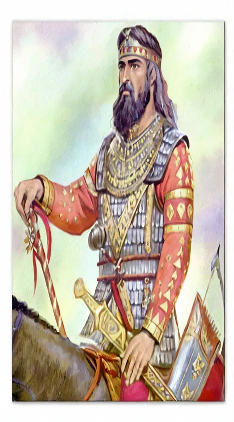 a painting of a man in armor on a horse with a sword, persian warrior, great king of stovokor, ancient mesopotamian warrior, assyrian, mogul khan, kurdish samurai, ottoman sultan, emir, king richard the lionheart, sqare-jawed in medieval clothing, gal yose...