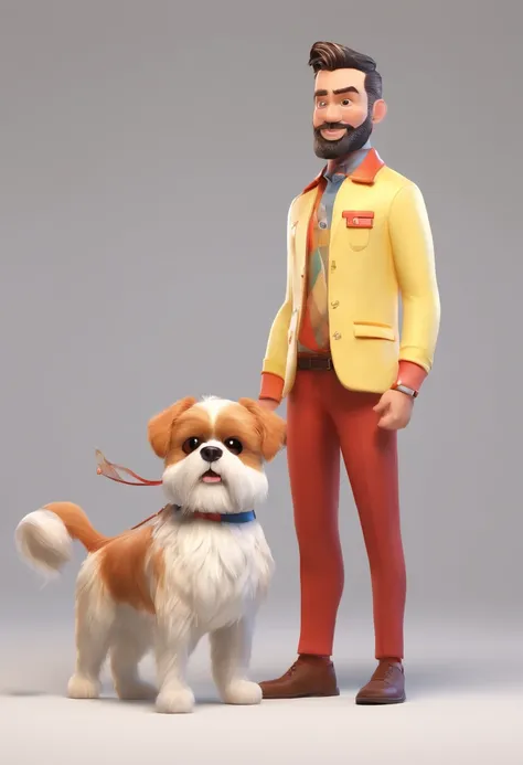 man in his 30s, white, with a stylish pompadour fringe, accompanied by his golden Shih Tzu dog named Simon, Pixar-style illustration, detailed eyes and lips, ultra-detailed facial features and expressions, vibrant colors, playful lighting, high-quality ren...