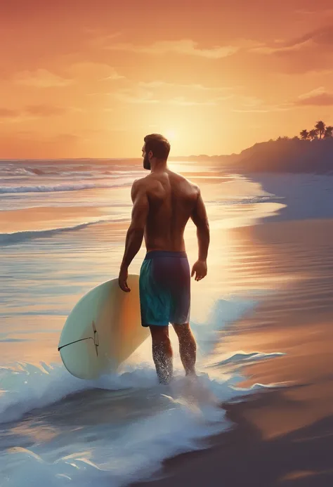 Man on Beach, Surf Ready 2d illustration