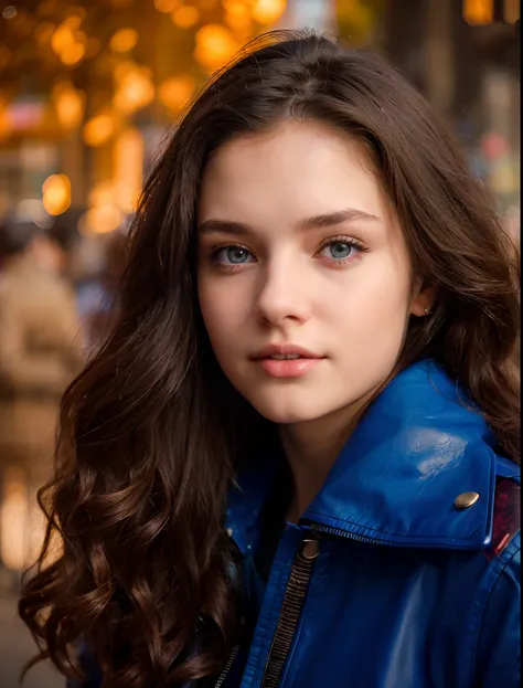 A beautiful russian female at early age of 16 wearing blue leather jacket, burning protest on street, light and shadow from window,big breast, messy brunette hair, perfect circular Iris, heterochromia red and grey, happy, hyper realistic, realism, just lik...