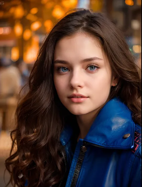 A beautiful russian female at early age of 16 wearing blue leather jacket, burning protest on street, light and shadow from window,big breast, messy brunette hair, perfect circular Iris, heterochromia red and grey, happy, hyper realistic, realism, just lik...