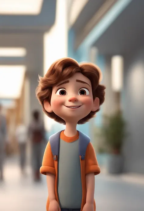 a happy cute kid standing short hair, vestindo uma fantasia espacial, , fundo branco, barnet, Tom, Estilo Pixar, ....3d, desenhos animados, rosto detalhado, asymmetrical 16k