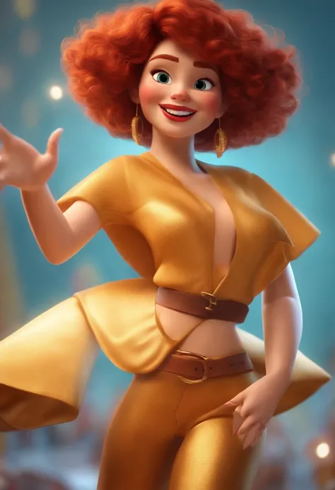 Pixar style image with 3D character golden glasses, mulher branca, Short red hair dancing,Maquiagem Disney,Pescador, adolable, sorridente ,Close-up, Pixar, Disney, Cinema lighting,