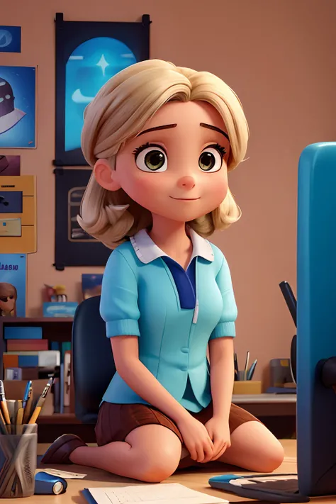 Capa de filme estilo Disney, uma menina com cabelos loiros, com olhos castanhos, pele branca,cabelo um pouco liso um pouco maior que o ombro, nariz rechonchudo, sitting at an office desk, tem um notebook cinza, e de fundo uma parede cinza escura com quadro...