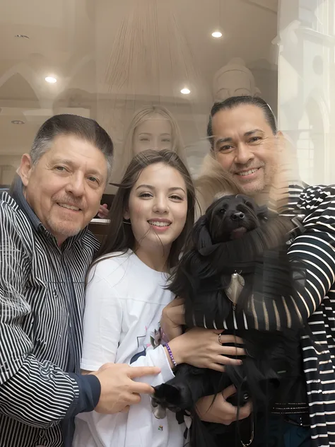 There are three people with a dog in front of the Disney castle, Beautiful and happy family