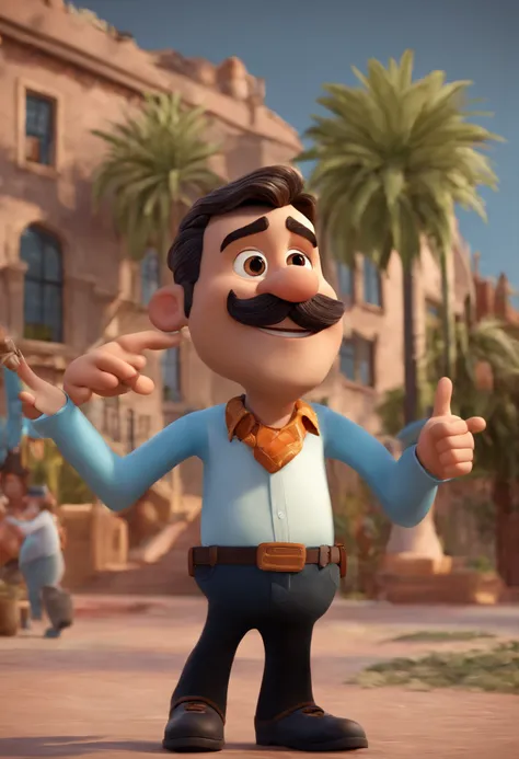 um homem, em breve, barba curta, olhos castanhos, com fones de ouvido, A music studio in the background, Imagem no estilo Pixar, Estilo de filme animado 3D, Disney, camiseta preta