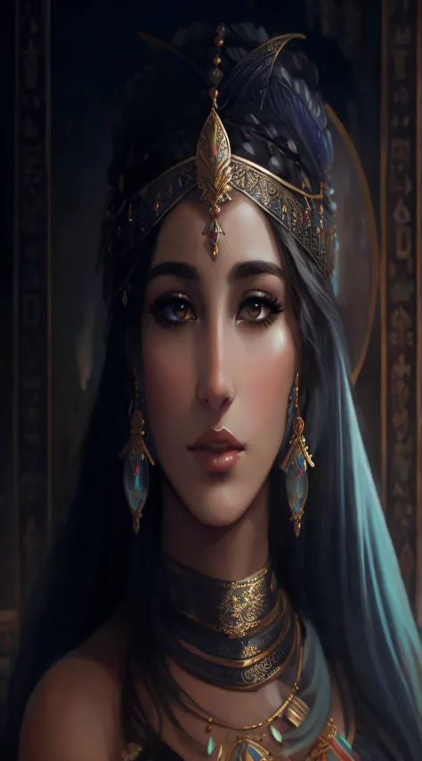 a painting of a woman in a headdress and jewelry, a stunning portrait of a goddess, ancient libu princess, beautiful character painting, fantasy concept art portrait, portrait of a beautiful goddess, epic fantasy art portrait, persian queen, beautiful fant...