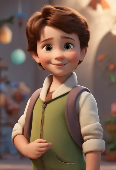 a happy cute kid standing short hair, vestindo uma fantasia espacial Marketplace, , fundo branco, barnet, Tom, Estilo Pixar, ....3d, desenhos animados, rosto detalhado, asymmetrical 16k