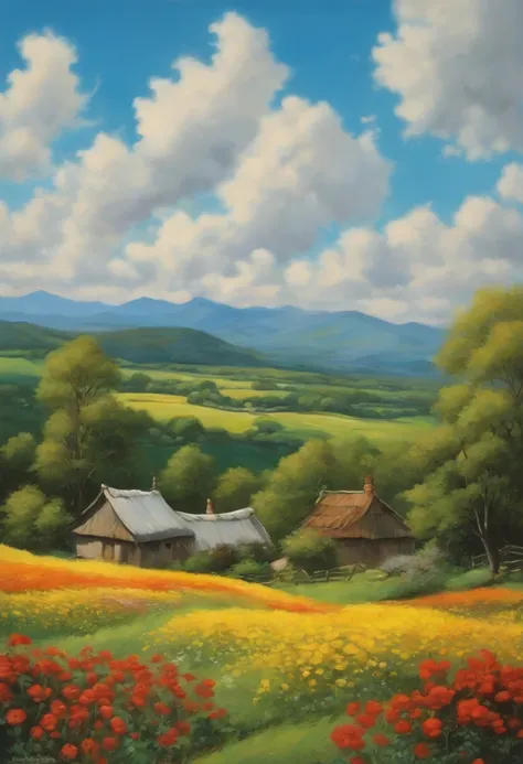 Realistic, Authentic, beautiful and amazing landscape oil painting Studio Ghibli Hayao Miyazaki&#39;s petal pasture with blue sky and white clouds