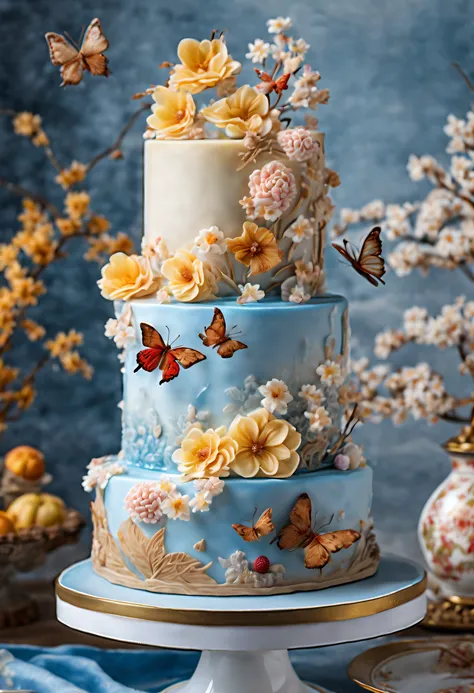 (A 1/4 cut crystal cake on a crystal clear blue bone china plate), crystal cake, semi transparent cream cake, with soft brown and light yellow tones, delicately placed on a beautiful plate. The cake roll is decorated with beautiful butterflies, cherry blos...