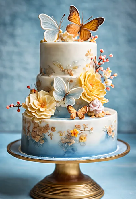 (A 1/4 cut crystal cake on a crystal clear blue bone china plate), crystal cake, semi transparent cream cake, with soft brown and light yellow tones, delicately placed on a beautiful plate. The cake roll is decorated with beautiful butterflies, cherry blos...