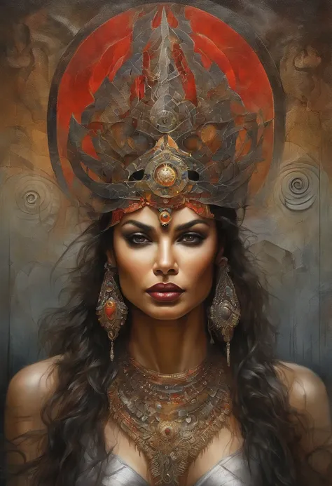 Futuristic indigenous futurism,Actress Priyanka Chopra as an advanced cybernetic cyborg Hindu goddesses of war, Sensualidade,Artistic details,mitologia hindu cyberpunk,epic sci-fi fantasy, Centrado,in the style of Nick Alm fantastic futuristic fantasy comp...