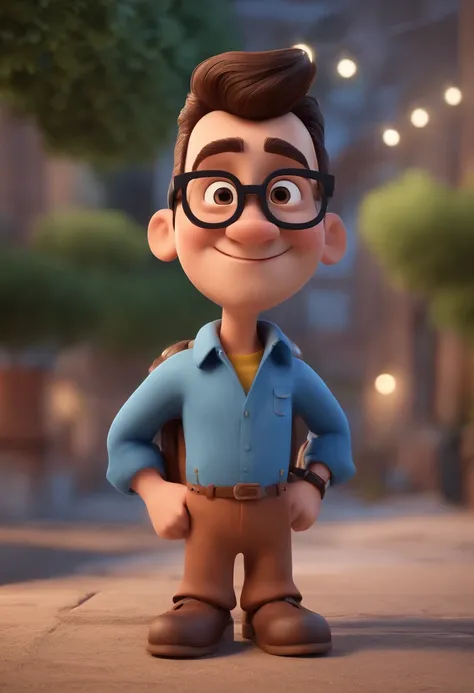 Cartoon character of a man with black glasses and a blue shirt, animation character, Caractere estilizado, animation style rendering, 3D estilizado, Arnold Maya render, 3 d render stylized, toon render keyshot, Personagem 3D, Personagem 3D, 3d rendering st...