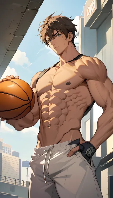 Anime character with muscular body holding basketball, Super buff and cool, Ripped, Handsome anime pose, sweaty abs, Muscular!!, muscular character, Lean but muscular, male anime character, Muscular! Cyberpunk, detailed anime character art, [ rigidly defin...