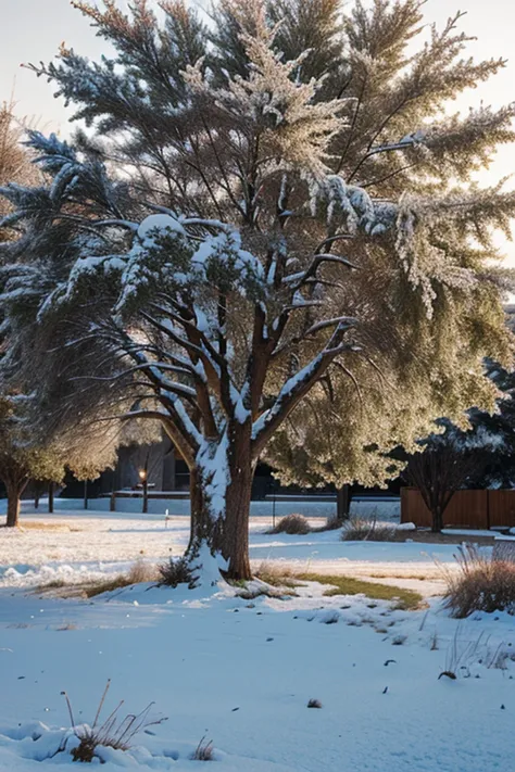 a big tree in a bush frost