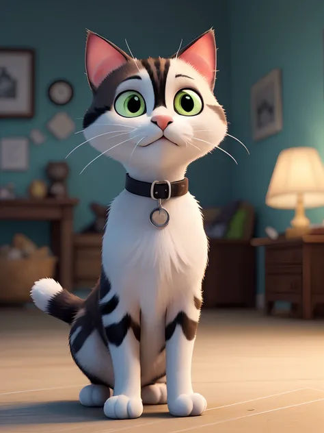 High resolution picture of a black and white cat, sharp intricate details, masterpiece, parallax occlusion, soft diffused lighting, (best quality), pixar style