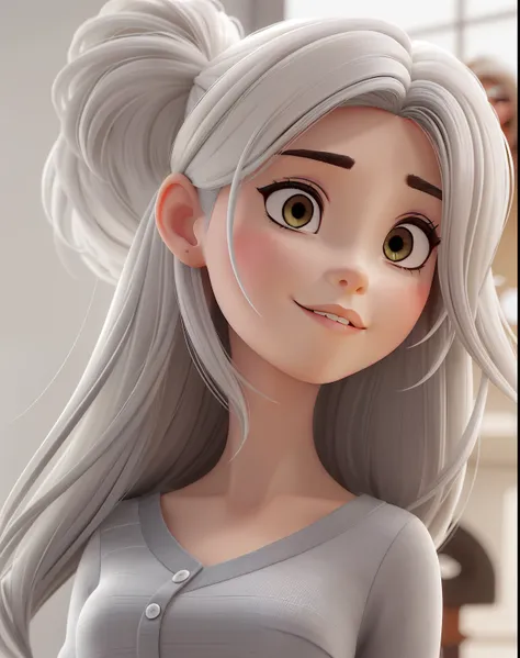 Beautiful woman, 30 anos, cabelo castanho liso, com mechas loiras, olhos castanhos escuros, com 6 gatos, sendo 2 amarelos, 1 branco pelo longo, 1 preta e branca pelo longo, 1 gray and white and 1 Siamese, no estilo pixar