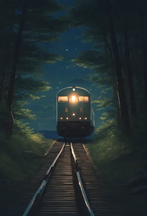 master part, anime train passing through bodies of water on tracks, Bright starry sky. Romantic train, imagem de Makoto Shinkai, Pixiv, arte conceitual, estilo de arte lofi, reflection. por makoto shinkai, Arte Lofi, bela cena de anime, Paisagem do anime, ...