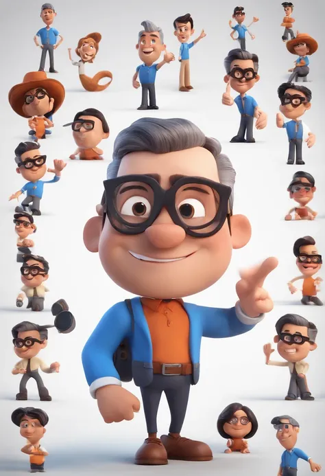 Cartoon character of a man with black glasses and a blue shirt, animation character, Caractere estilizado, animation style rendering, 3D estilizado, Arnold Maya render, 3 d render stylized, toon render keyshot, Personagem 3D, Personagem 3D, 3d rendering st...