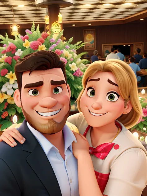 Poster no estilo Disney pixar, alta qualidade, melhor qualidade, homem sexy branco, 30 anos cabelo grisalho barba preta, musculoso, com fundo em um restaurante a luz de velas