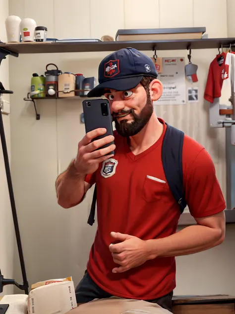 Boy in beard and cap with a red England team shirt