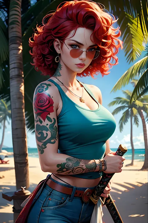 red head girl with curly hair and rose tattoos on shoulders and forearms, usando top azul e jeans, sun glasses, carregando uma k...