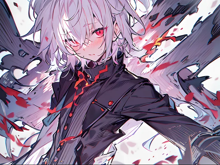 nffsw, Best Quality, masutepiece,Anime boy with white hair and red eyes staring at camera, Highlights in the eyes、slim, dressed in a black outfit,hair messy,blushed face、with a pure white background、cute little