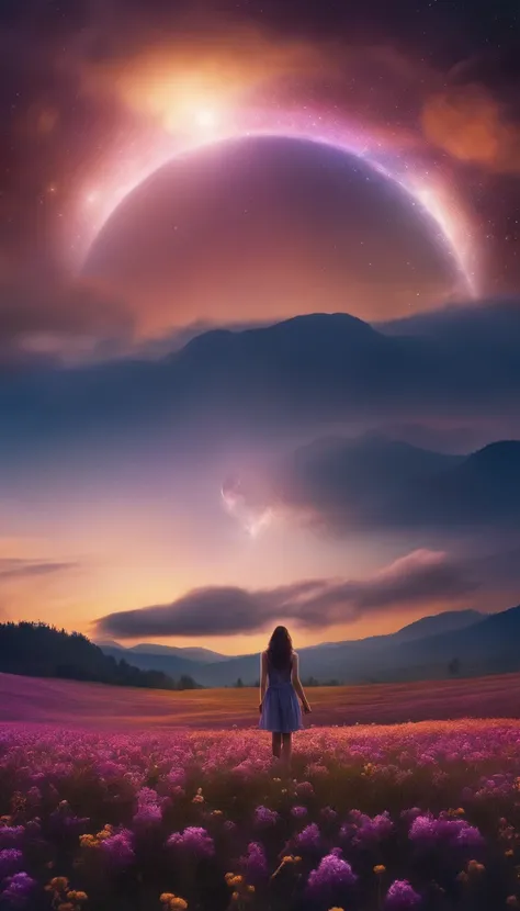 A wide landscape photo, (viewed from below, the sky is above, and the open field is below), a girl standing on a flower field looking up, (full moon: 1.2), (meteor: 0.9), (nebula: 1.3), distant mountains , Trees BREAK Crafting Art, (Warm Light: 1.2), (Fire...