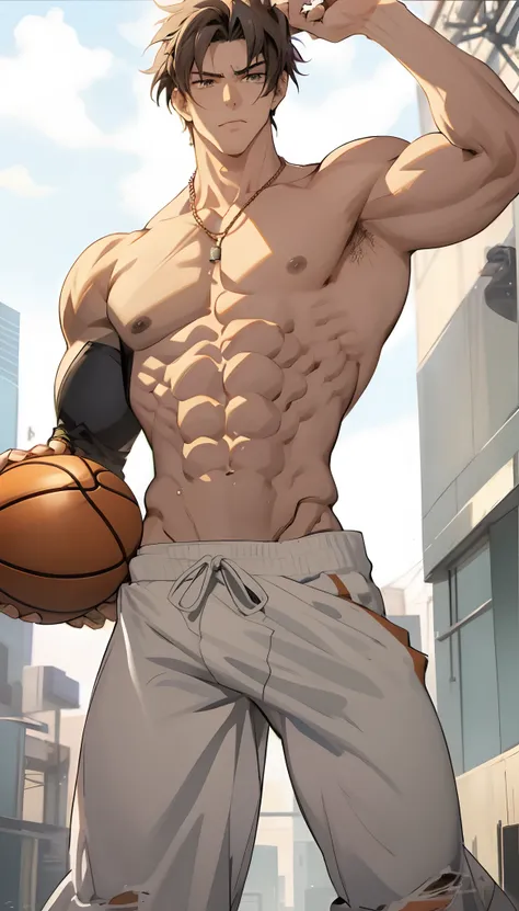 Anime character with muscular body holding basketball, Super buff and cool, Ripped, Handsome anime pose, sweaty abs, Muscular!!, muscular character, Lean but muscular, male anime character, Muscular! Cyberpunk, detailed anime character art, [ rigidly defin...