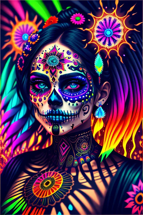 in a psychedelic style a representation of the Day of the Dead on a multiple female face, magnificent and detailed. Lots of texture and an whirlwind explosion of multiple colored flashy powder in the background, 8k