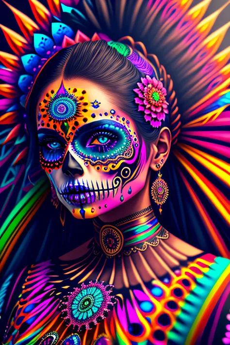 in a psychedelic style a representation of the Day of the Dead on a multiple female face, magnificent and detailed. Lots of texture and an whirlwind explosion of multiple colored flashy powder in the background, 8k