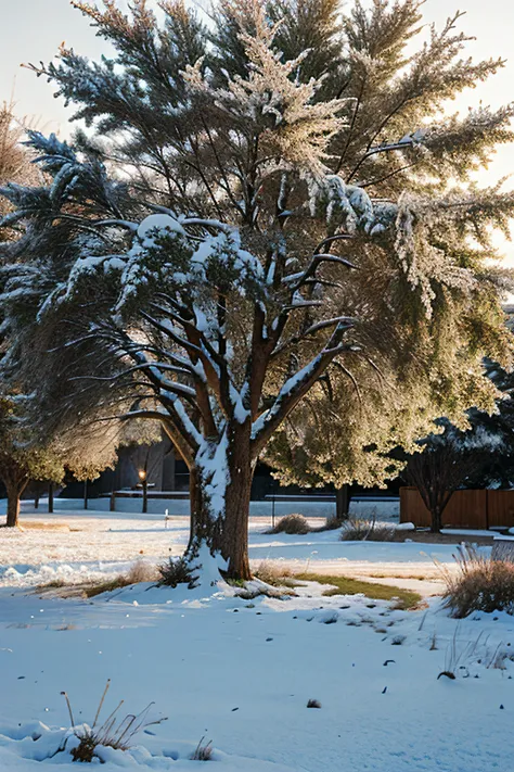 a big tree in a bush frost